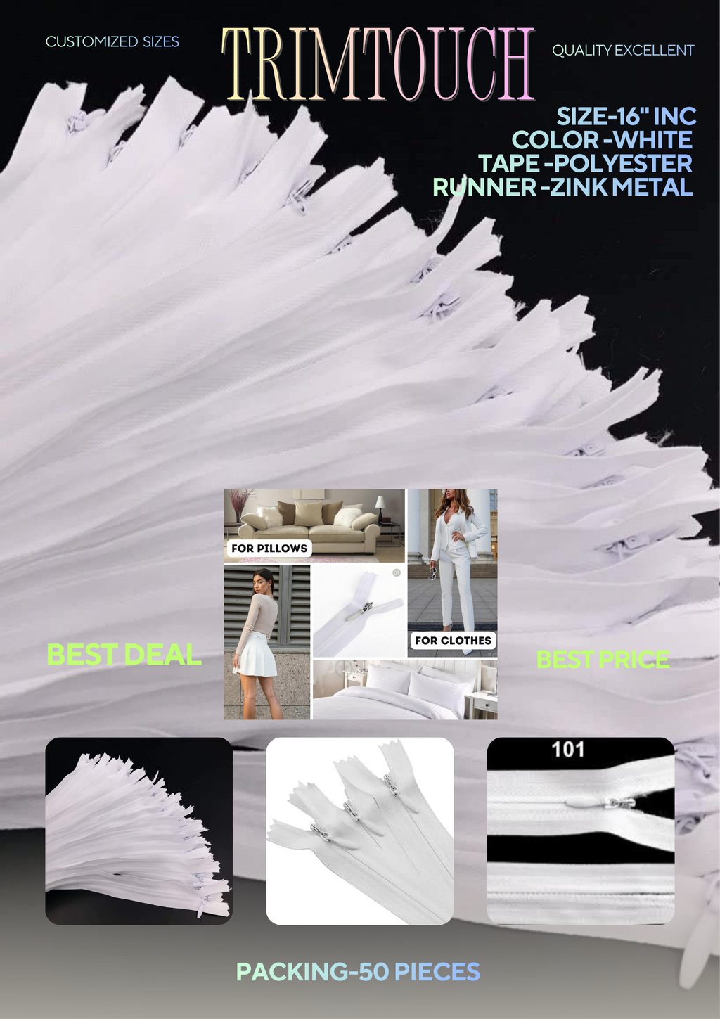 White Nylon Concealed Invisible Zipper for High-Fashion Garment Making, Boutique Dresses, Home Textiles, Cushions, and Bags Sewing, Handmade, Clothes, Garment (16 Inch, White, Pack of 50)