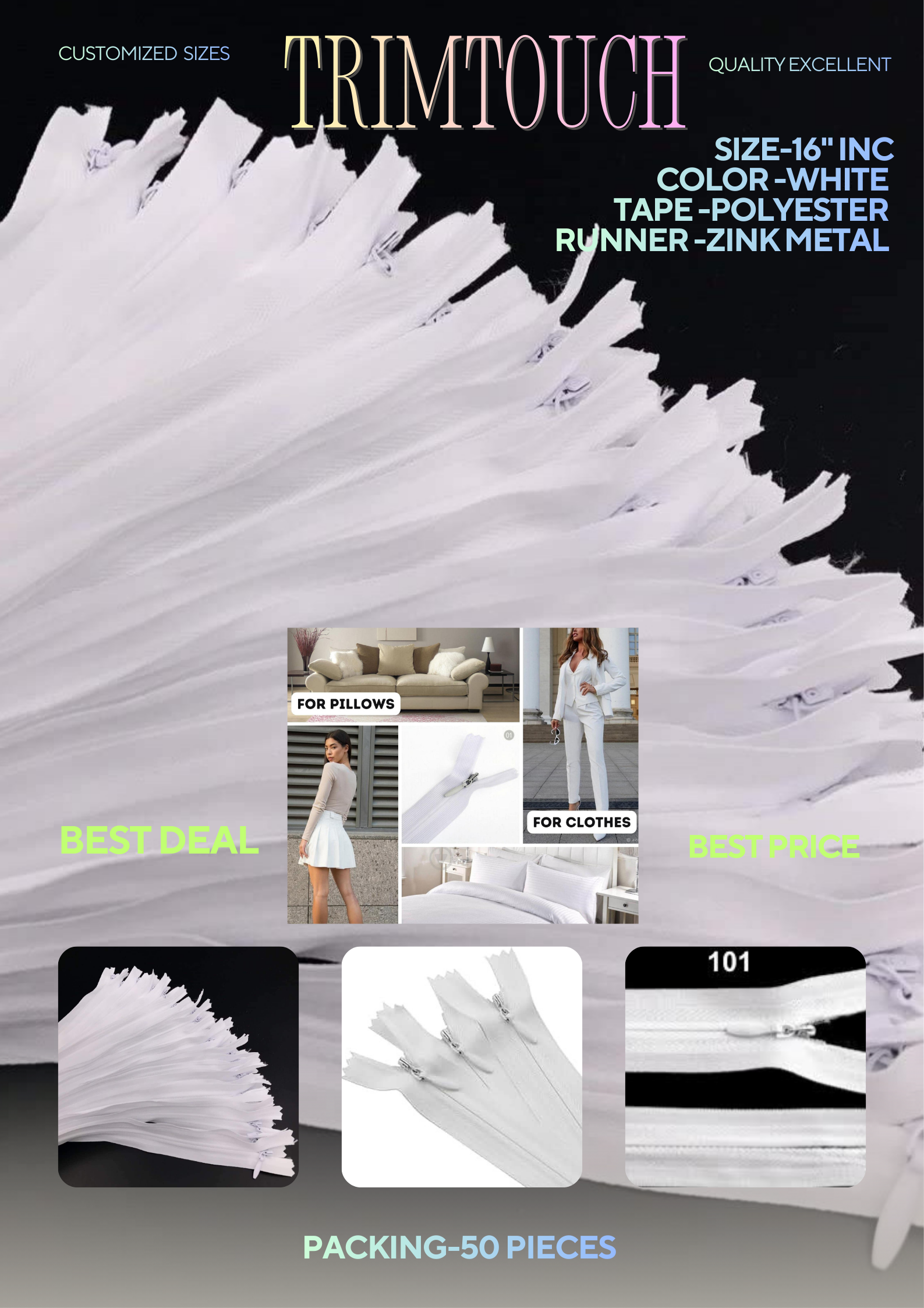 White Nylon Concealed Invisible Zipper for High-Fashion Garment Making, Boutique Dresses, Home Textiles, Cushions, and Bags Sewing, Handmade, Clothes, Garment (16 Inch, White, Pack of 50)